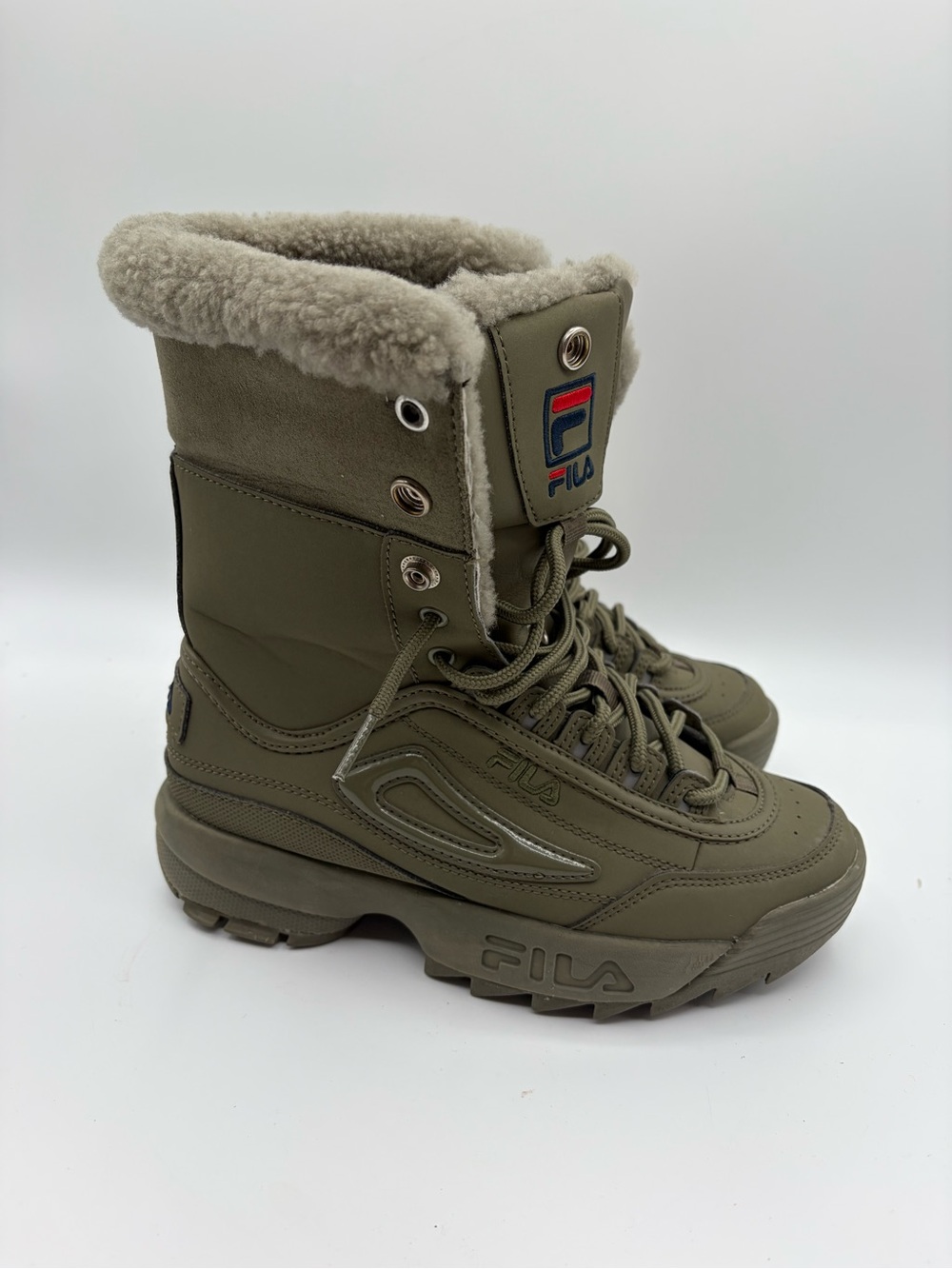 FILA Olive Green Shearling Cuff Lace-Up Platform Boots